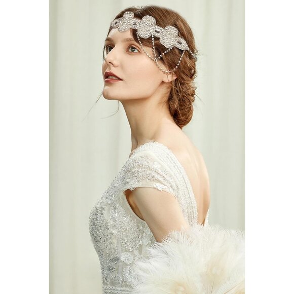 1920s Flapper Headband Silver Crystal Rhinestones Pearl Roaring 20s Gatsby - Picture 6 of 7